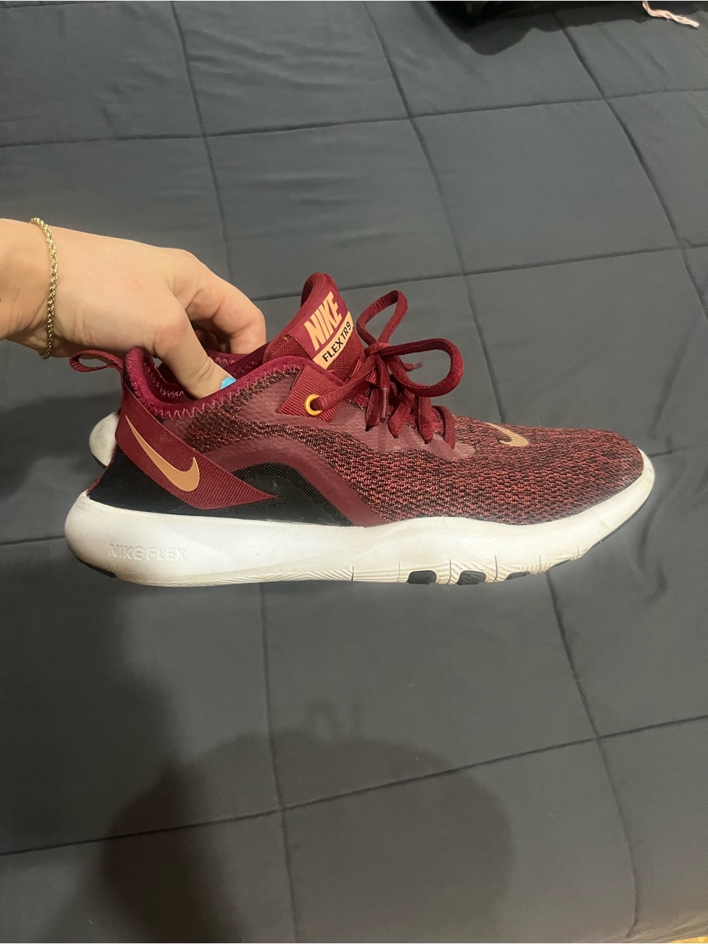 Nike Women's Burgundy Knit Sneakers with Gold Swoosh